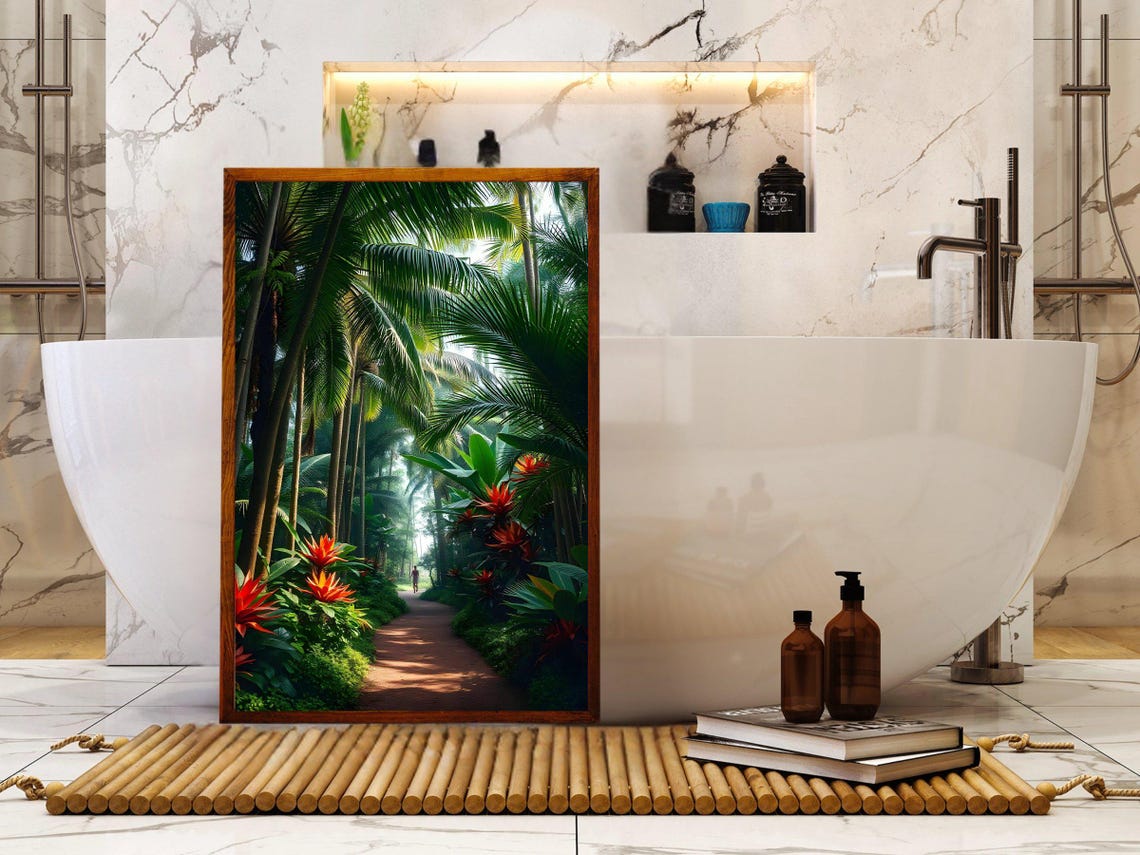 Lush Tropical Jungle Path Lined With Red Flowers and Palms Poster - Image 4