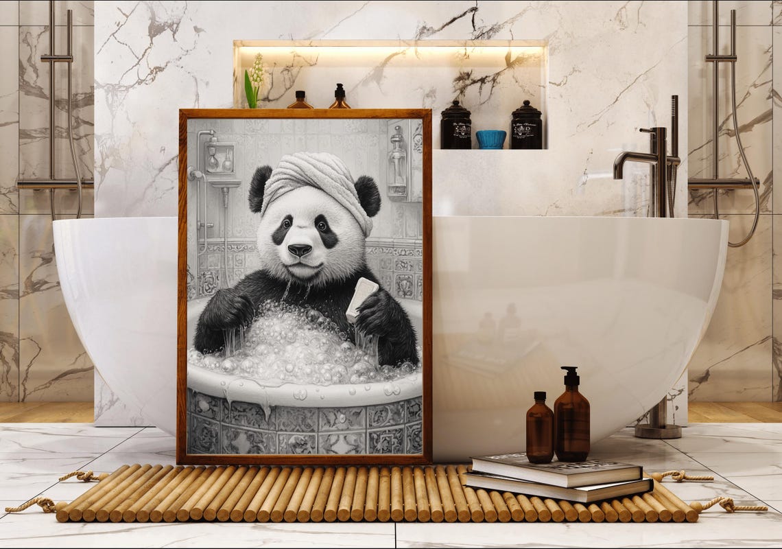 Panda In Bubble Bath Wearing Towel Head Funny Animal Art Poster - Image 5