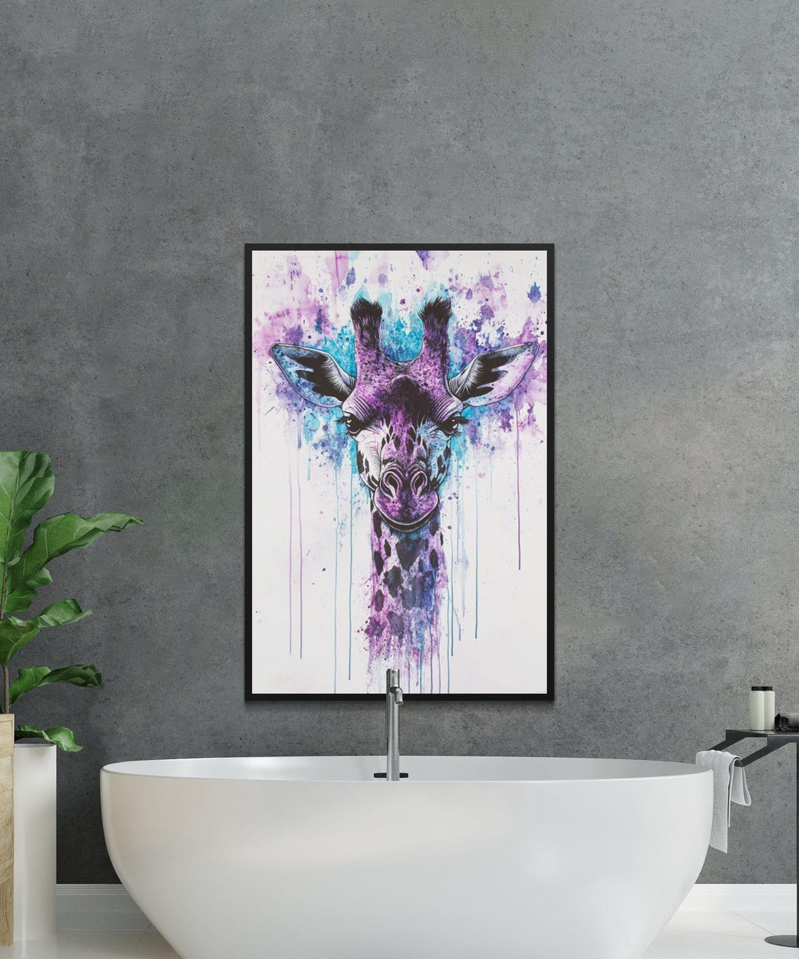 Purple Giraffe Watercolor Portrait in Splash Paint Art Poster - Image 4