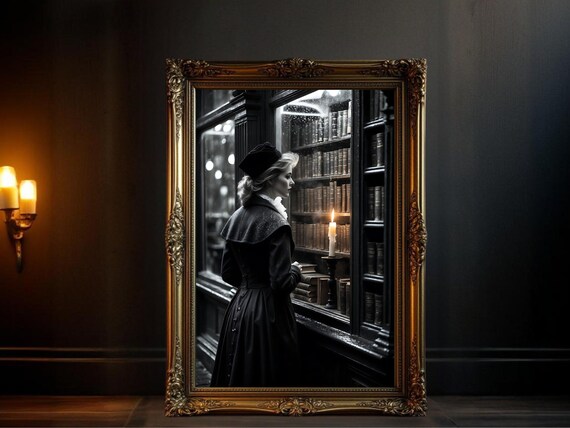 Victorian Woman Browsing In A Candlelit Bookstore At Night Poster