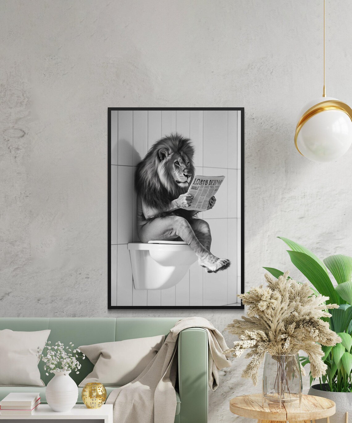 Black And White Lion Reading A Newspaper While Sitting On A Toilet Poster - Image 2