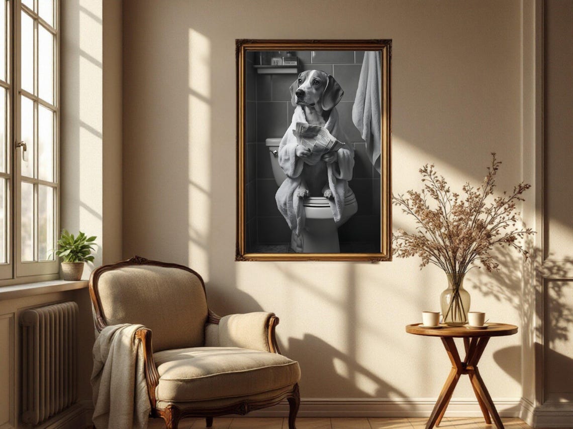 Beagle In Bathrobe Reading Newspaper On Toilet Black And White Poster - Image 4