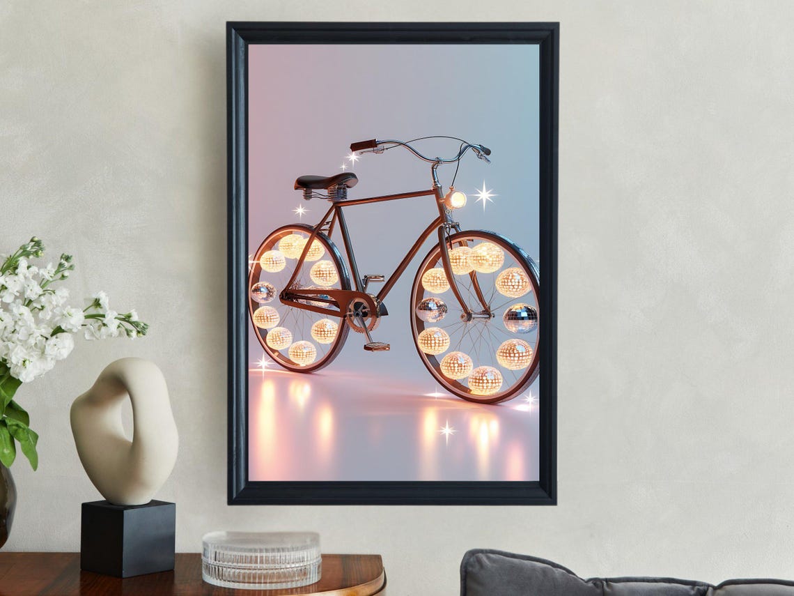 Vintage Bicycle With Sparkling Disco Ball Wheels Retro Bike Poster