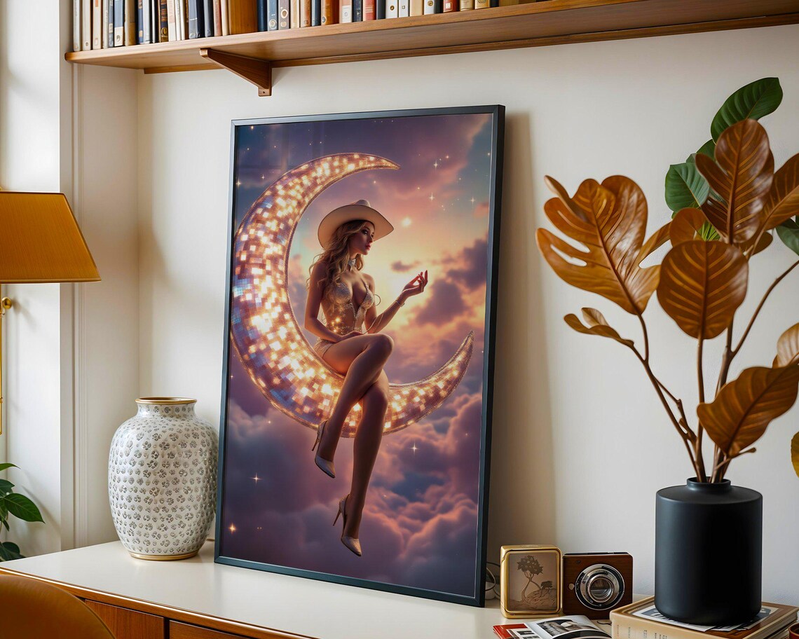 Cowgirl Sitting On Glittering Crescent Moon Pink Cloud Fantasy Poster - Image 5