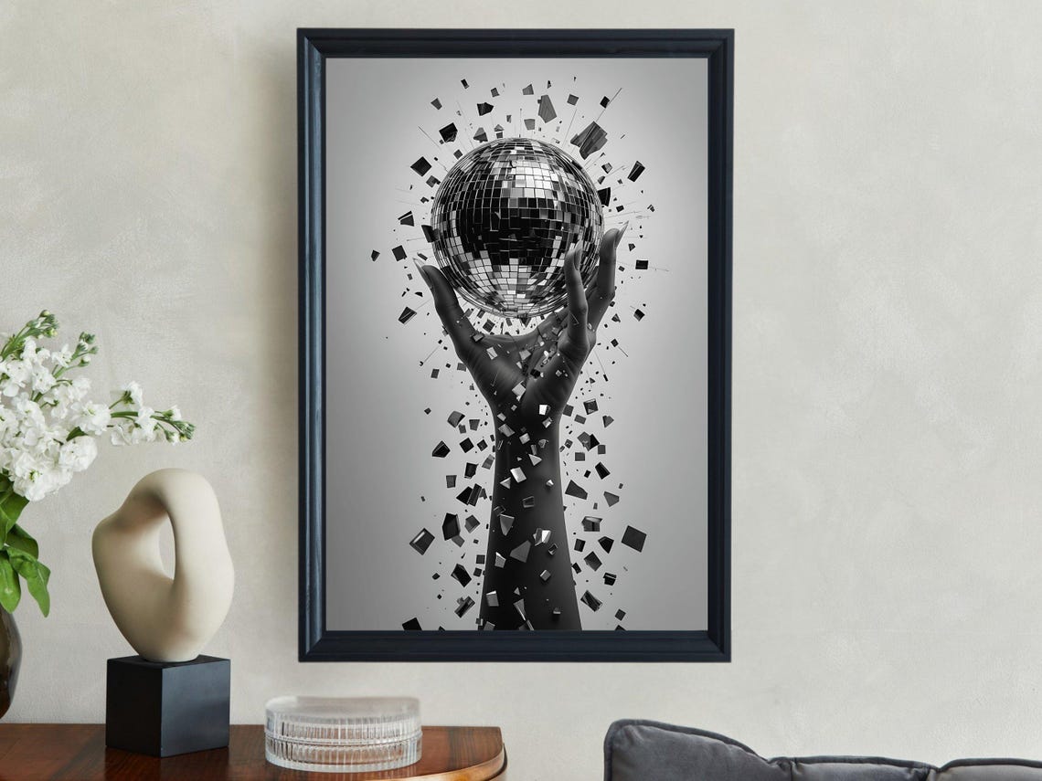 Abstract Hand Holding Exploding Mirror Ball Wall Art Modern Art Print Geometric Design Decor Unique Wall Decor