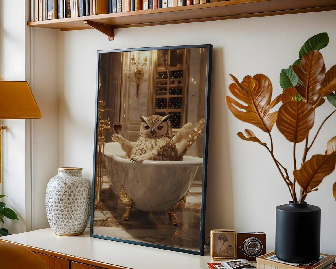 Owl Relaxing in Marble Bathtub Holding Wine Glass Art Poster - Image 4
