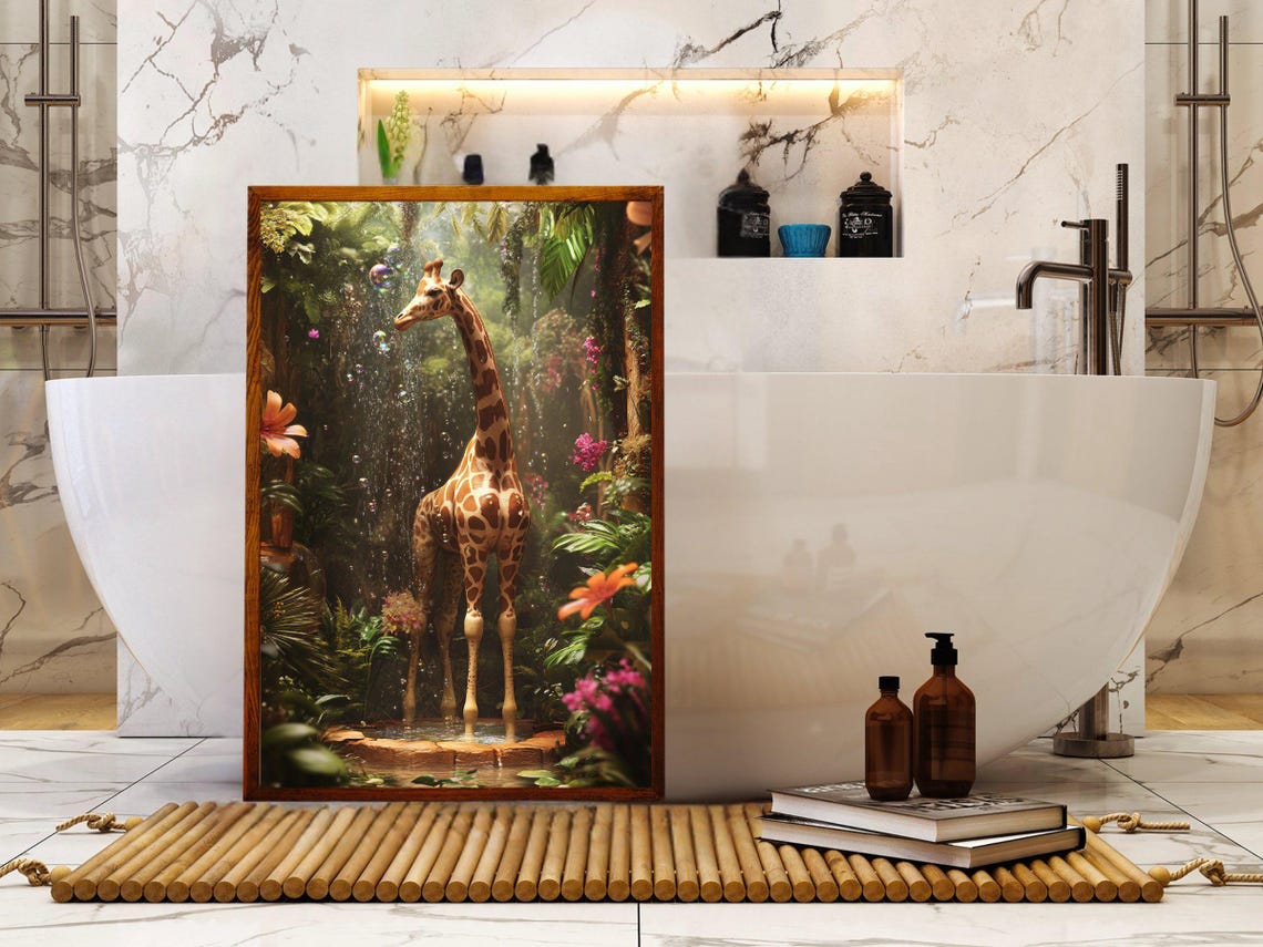 Giraffe Showering Under a Waterfall in a Tropical Jungle Poster - Image 5