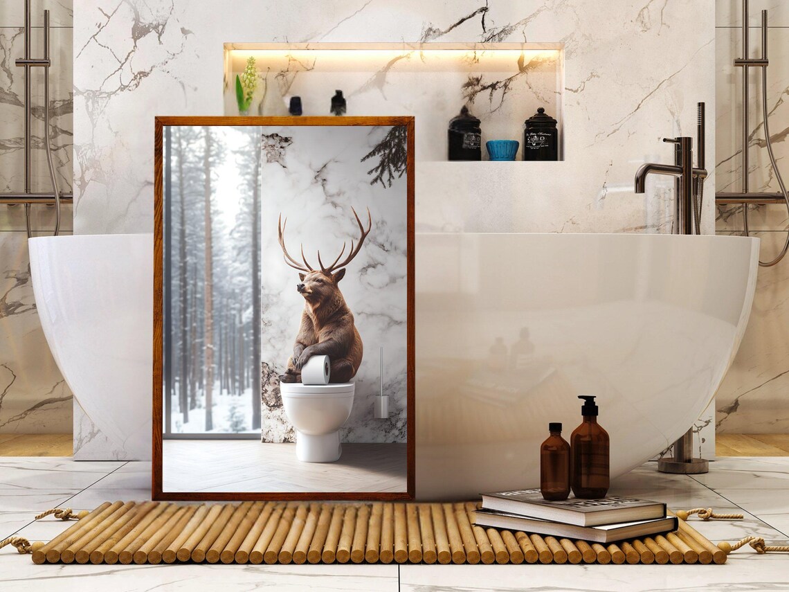 Deer Sitting on Toilet Holding Toilet Paper in a Snowy Forest Bathroom Poster - Image 5