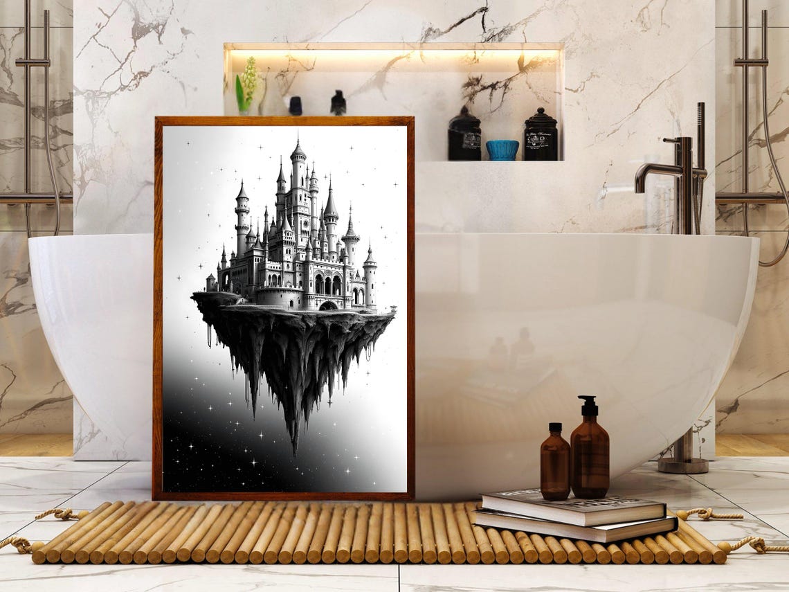 Floating Gothic Castle on a Rocky Island in a Starry Night Sky Poster - Image 4