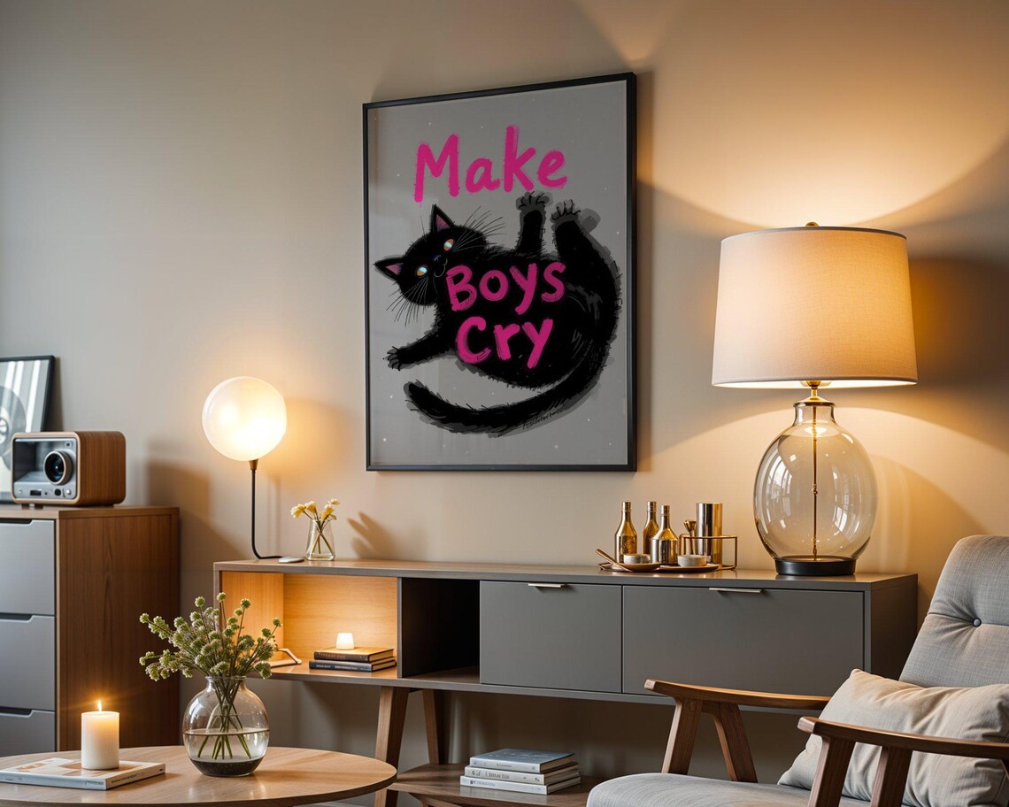 Make Boys Cry Black Cat Pink Typography Funny Feminist Quote Animal Poster - Image 4
