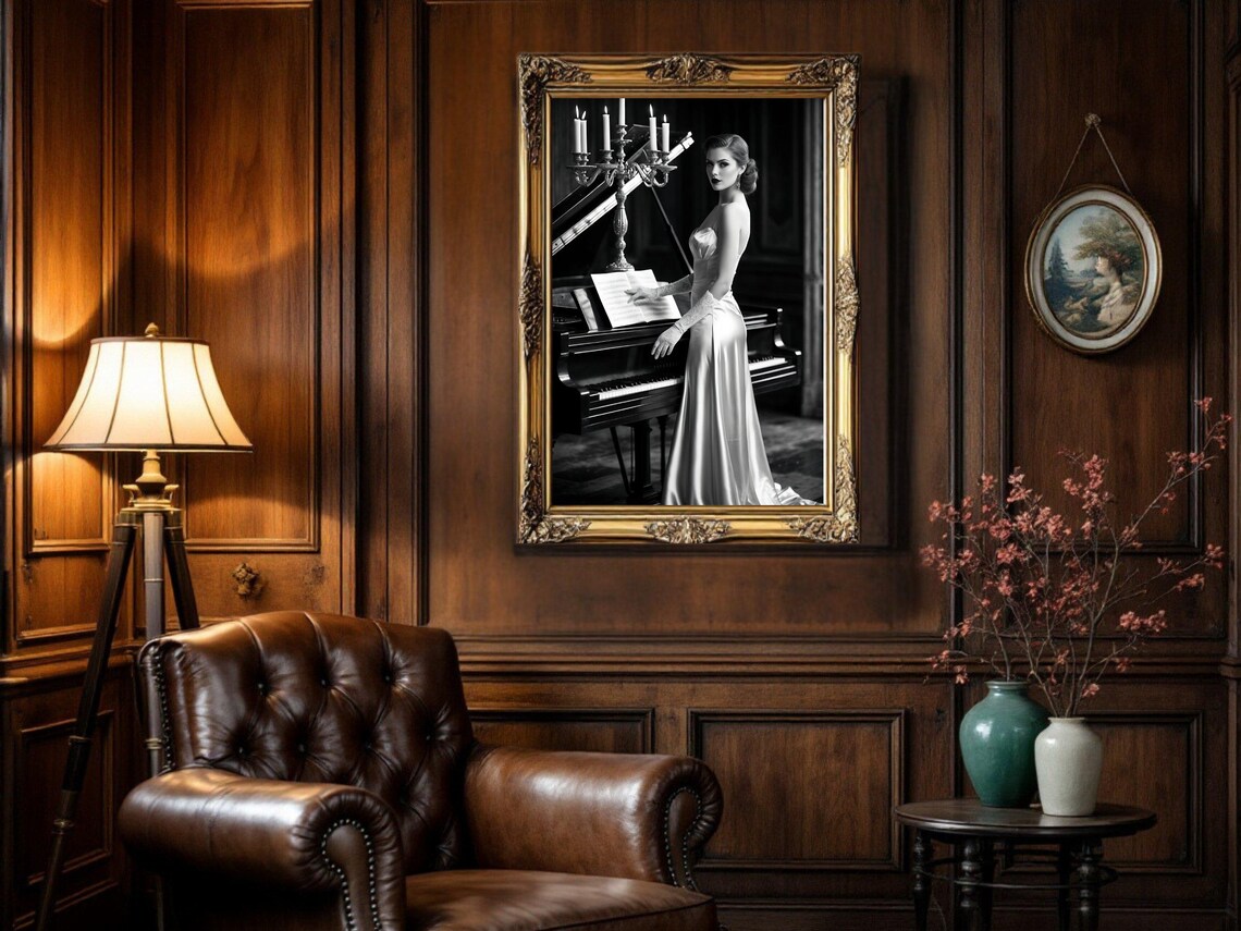 Woman in Satin Gown at Grand Piano with Candelabra, B&W Poster - Image 5