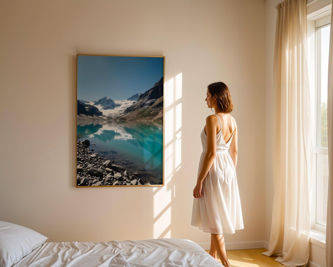 Turquoise Glacial Lake with Mirror Reflection of Snowy Peaks Poster - Image 2