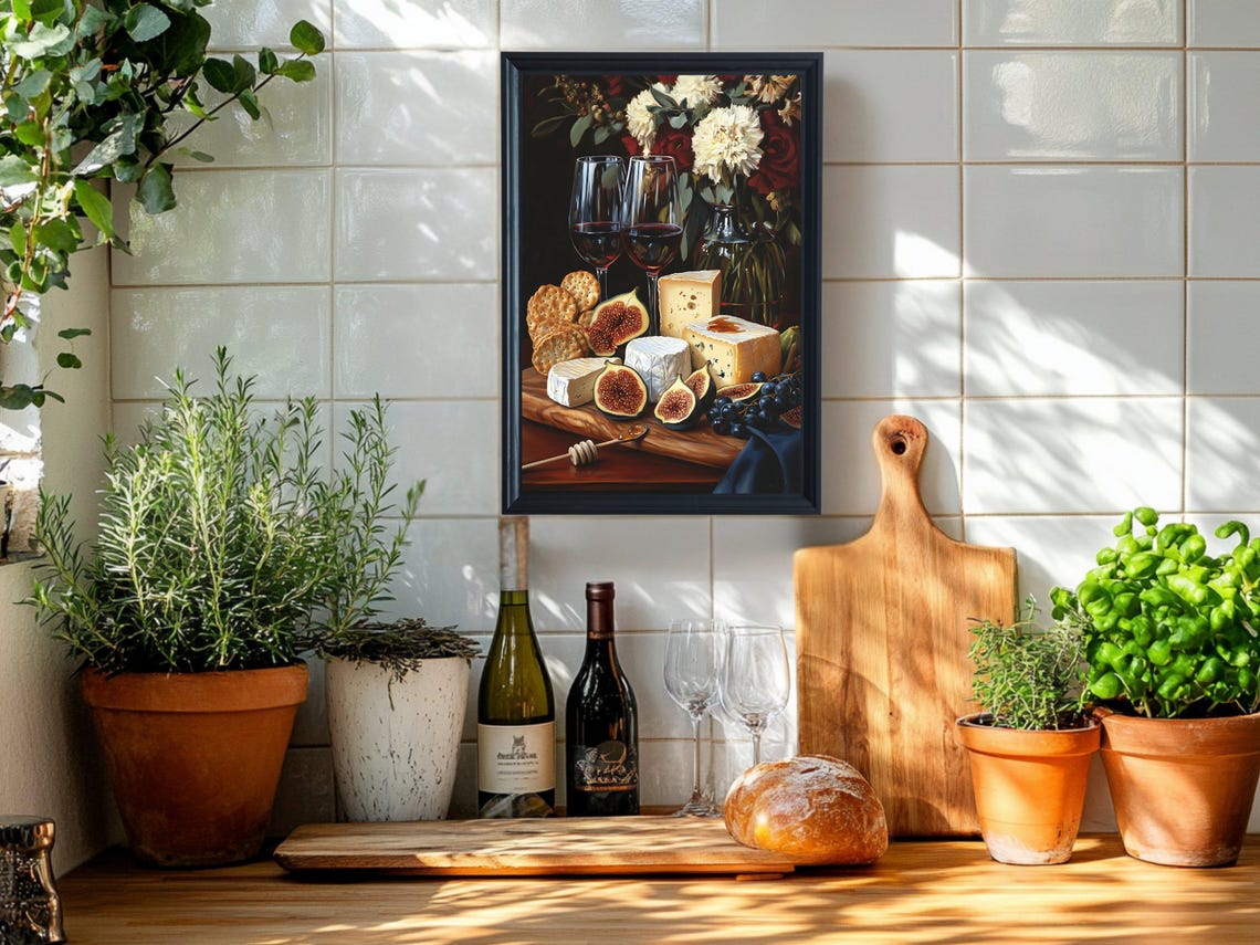 Wine and Cheese Still Life Gourmet Rustic Dining Artwork Poster - Image 2