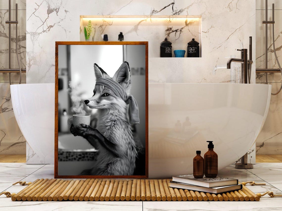 Fox With a Head Towel Holding a Steaming Cup of Coffee Poster - Image 5