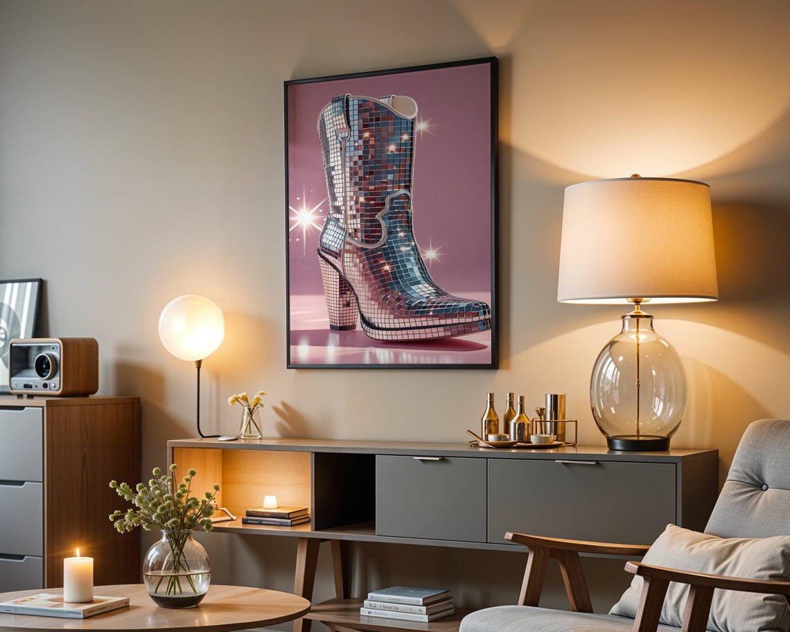 Sparkly Disco Ball Cowgirl Boot Wall Art Glamorous Western Decor Shiny Mirror Tile Boot Print Glittery Country Decor Poster - Image 4