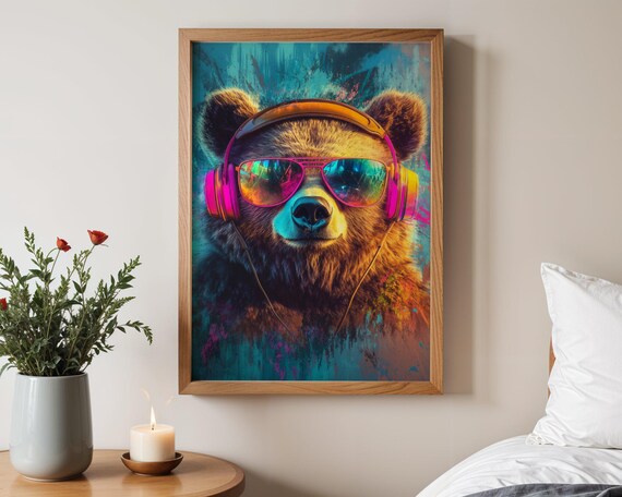 Cool Bear With Headphones and Rainbow Sunglasses Fun Art Poster