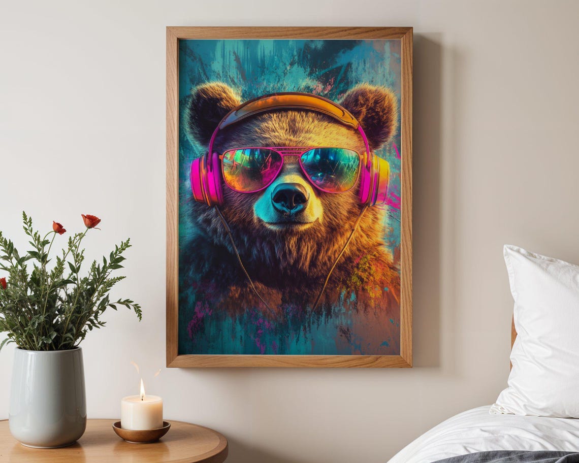 Cool Bear With Headphones and Rainbow Sunglasses Fun Art Poster