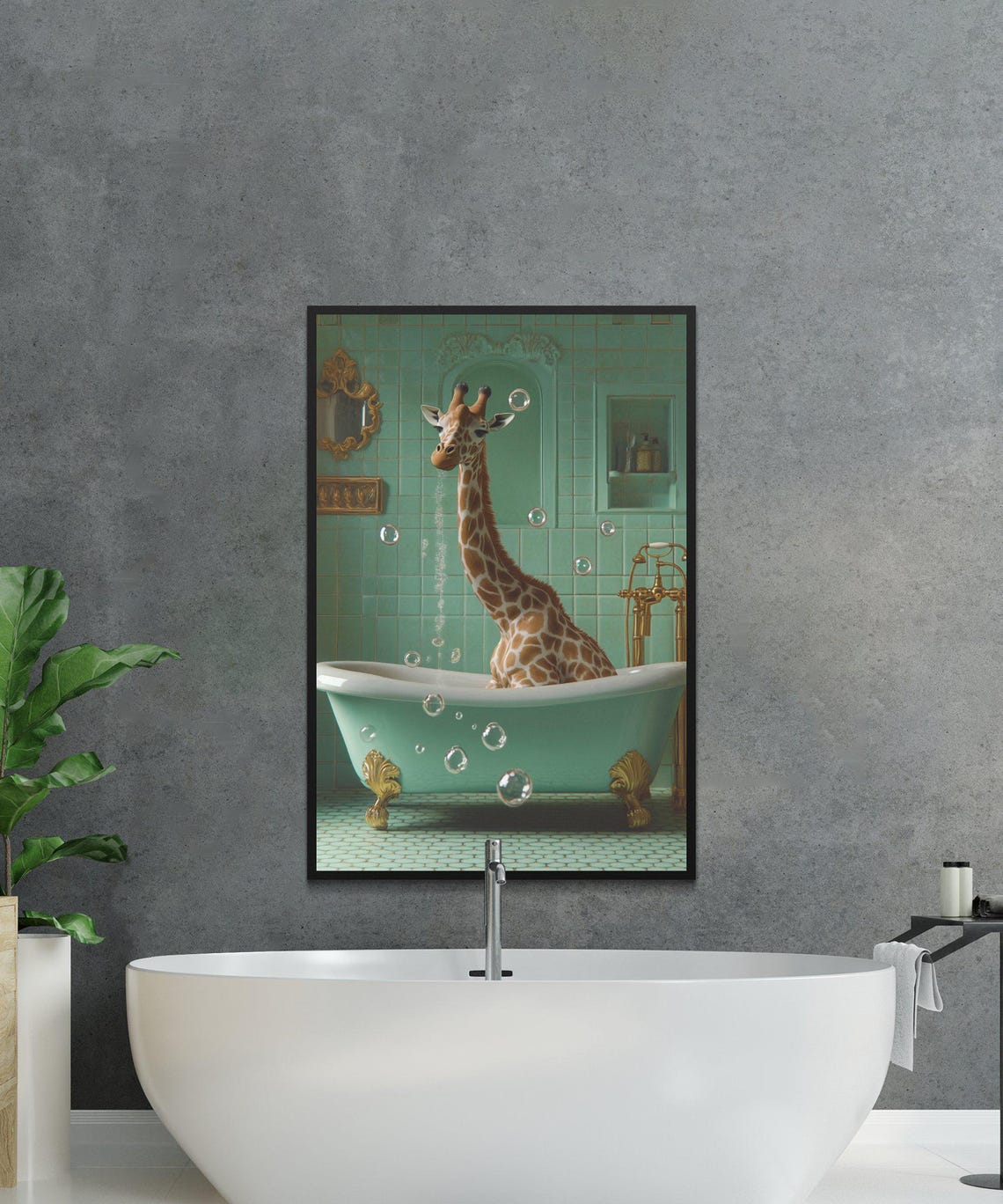 Giraffe Standing in Bathtub With Bubbles Teal Bathroom Poster - Image 2