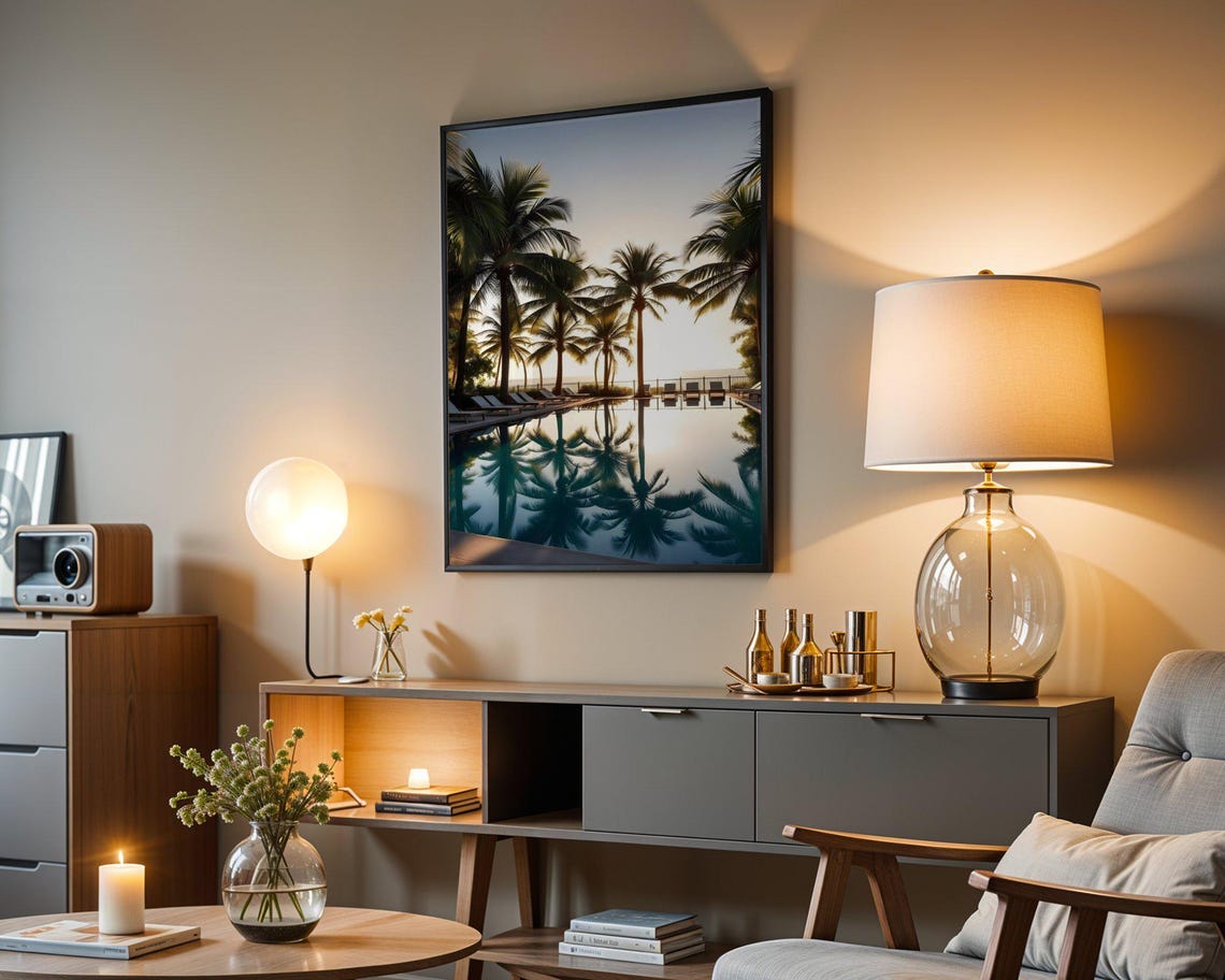 Tall Palm Trees Mirrored in Still Pool at Sunrise Resort Poster - Image 5