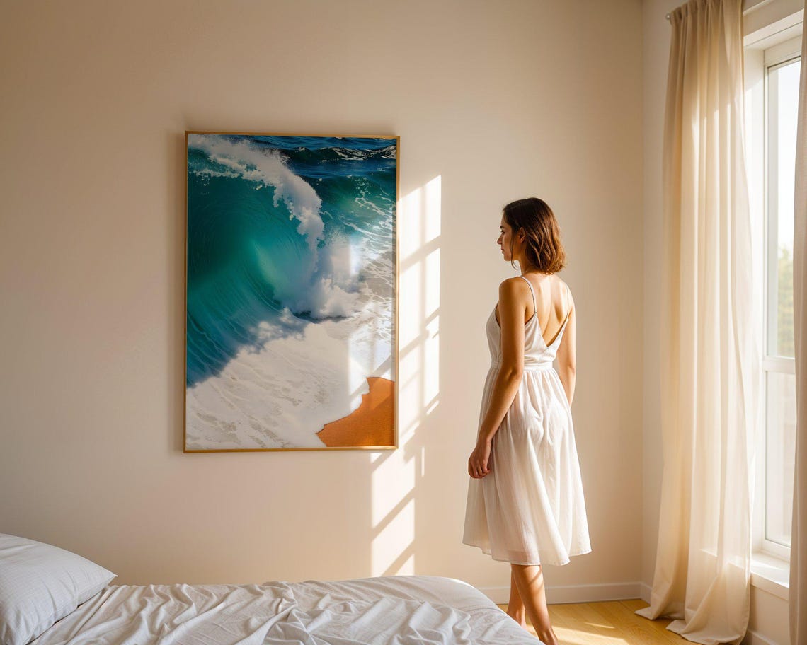 Turquoise Ocean Wave Crashing on Sandy Shore Aerial Photo Poster - Image 4