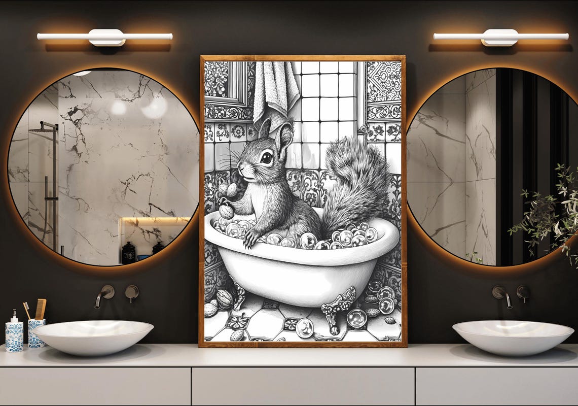 Squirrel Bathing with Walnuts in an Engraved Bathtub Sketch Poster - Image 3