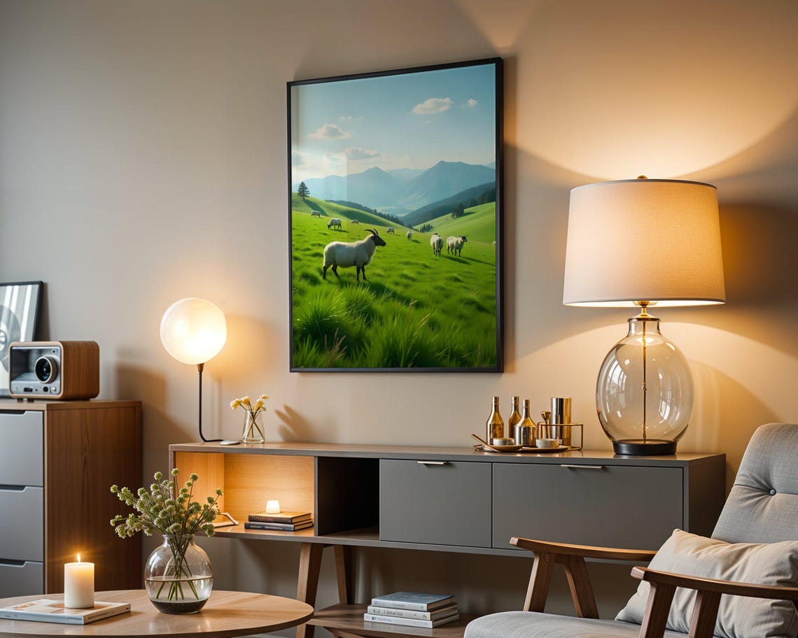 Sheep Grazing on a Lush Green Hillside with Mountain Peaks Poster - Image 5