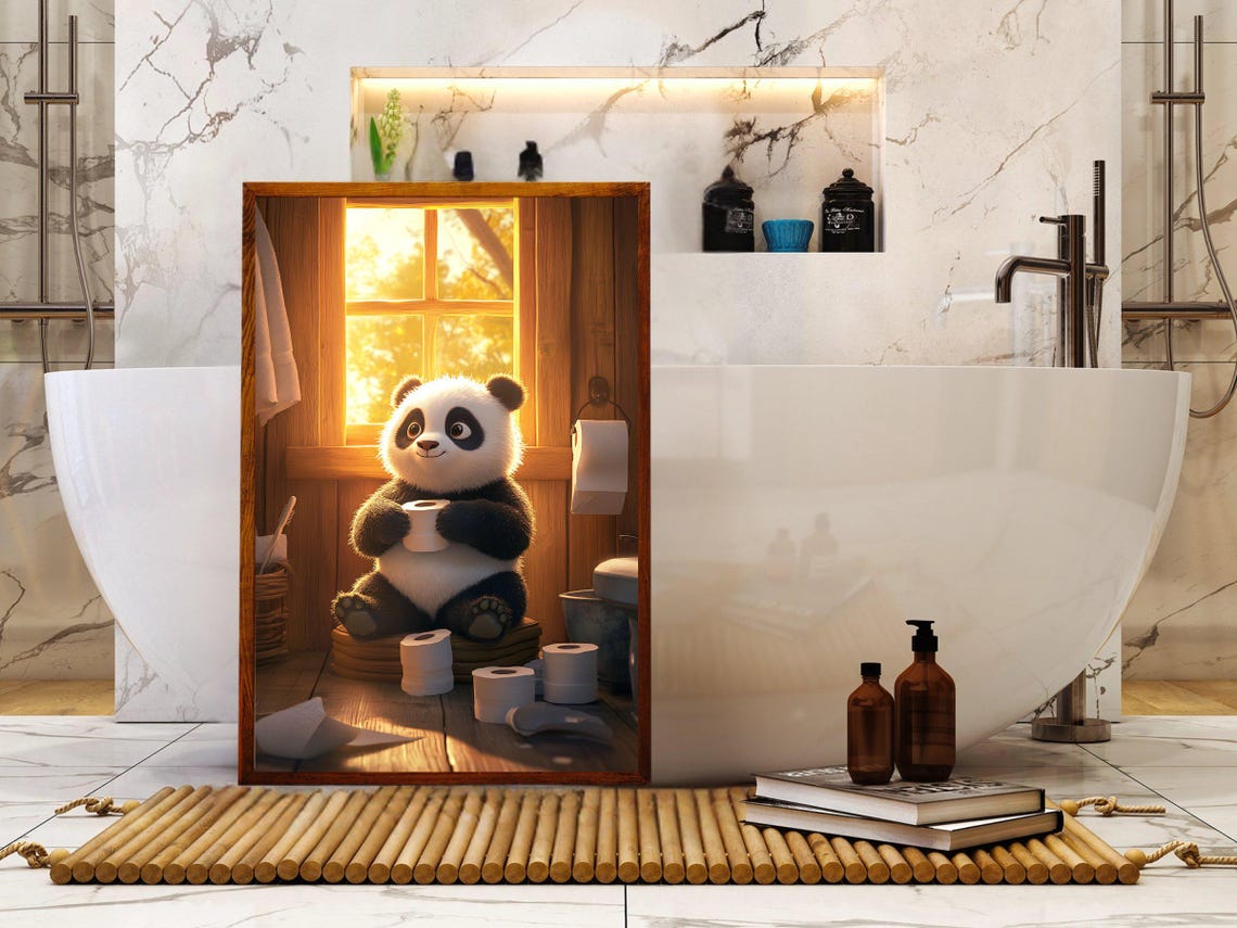 Panda Holding Cup In Sunlit Bathroom Funny Bathroom Animal Poster - Image 5