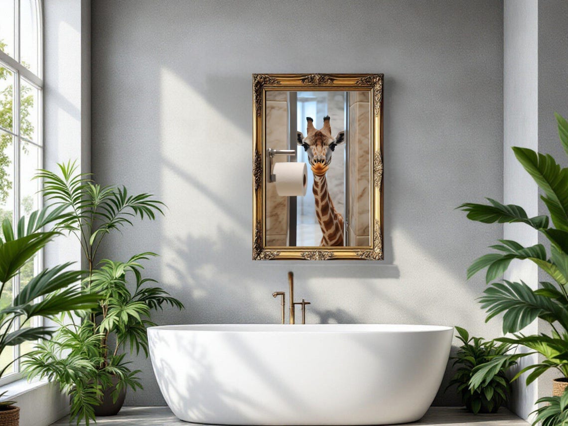 Giraffe Peeking Through Bathroom Door Funny Animal Bathroom Poster - Image 3