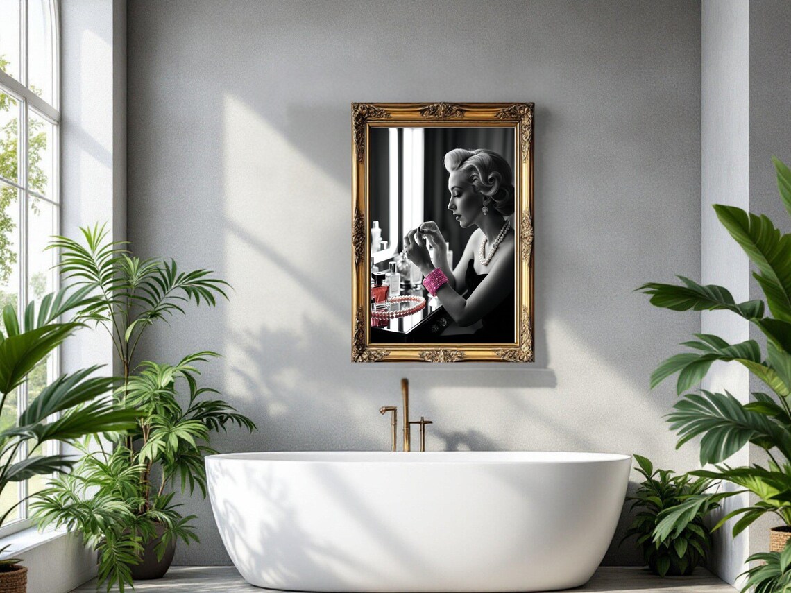 Elegant Woman Applying Lipstick At Vanity With Pearl Necklace Poster - Image 3