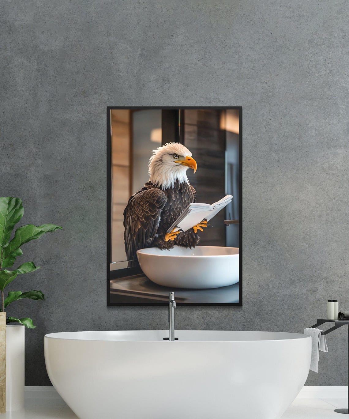Bald Eagle Perched on a Bathroom Sink Reading a Newspaper Poster - Image 2