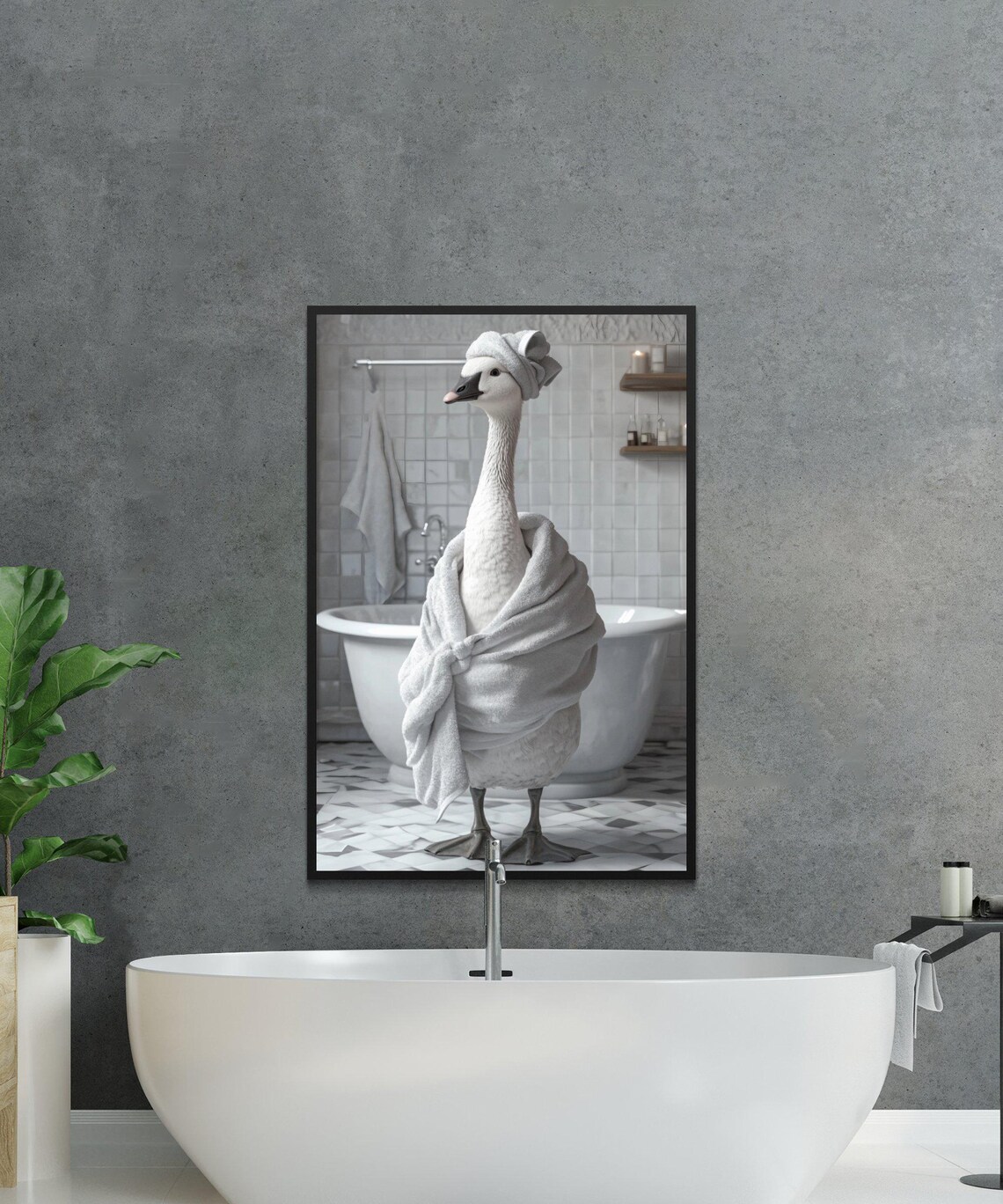 White Swan Wrapped in a Towel and Towel Turban Beside a Tub Poster - Image 2