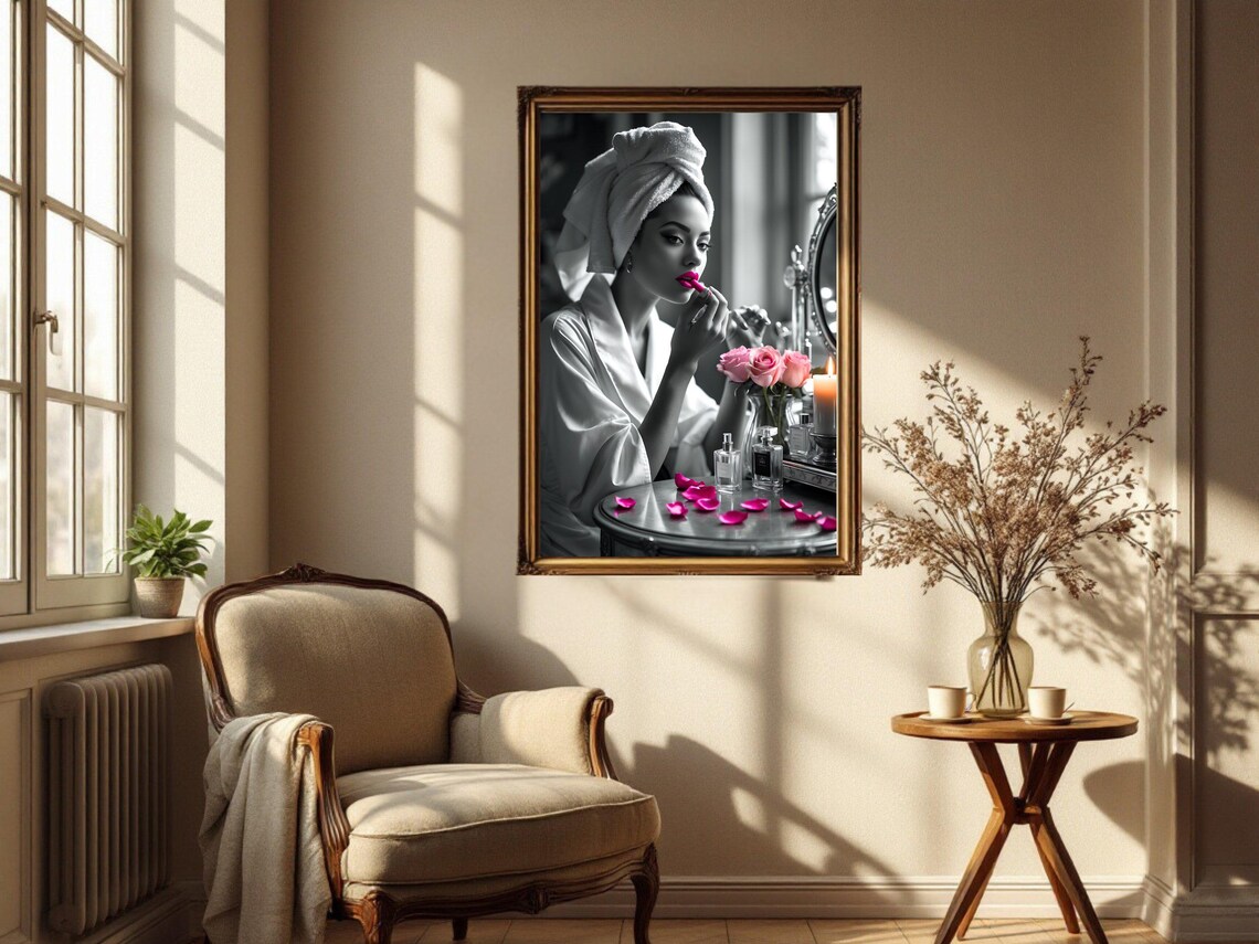 Woman in a Towel Turban Applying Pink Lipstick at a Vanity Poster - Image 2