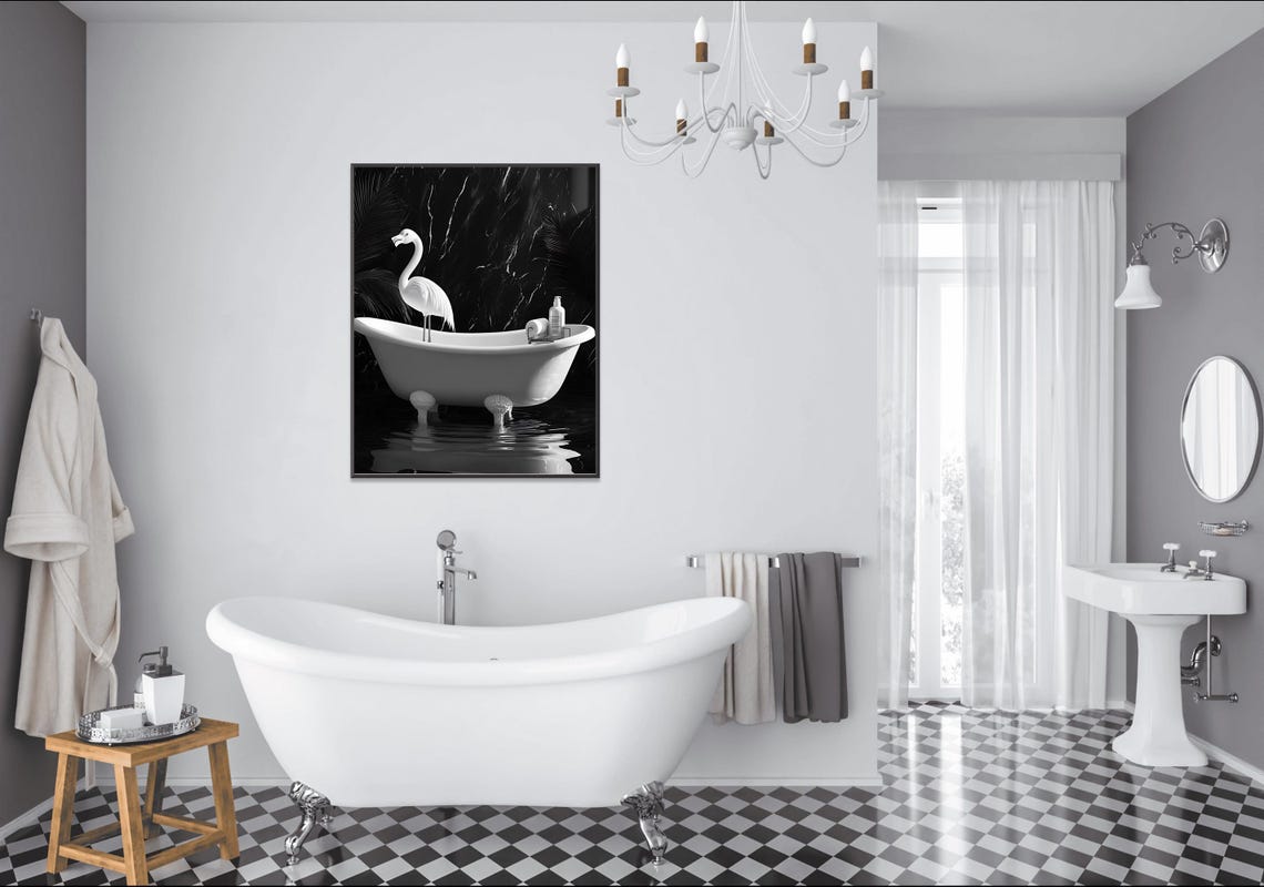 Elegant Flamingo Standing in a Bathtub Against Black Marble Poster - Image 2