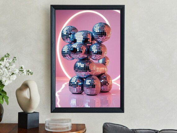 Teddy Bear Built From Mirror Balls in a Pink Neon Glow Party Scene Poster