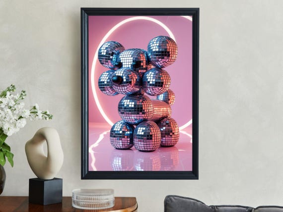 Unique Disco Ball Bear Wall Art Pink And Blue Modern Geometric Art Print Contemporary Home Decor Abstract Animal Artwork