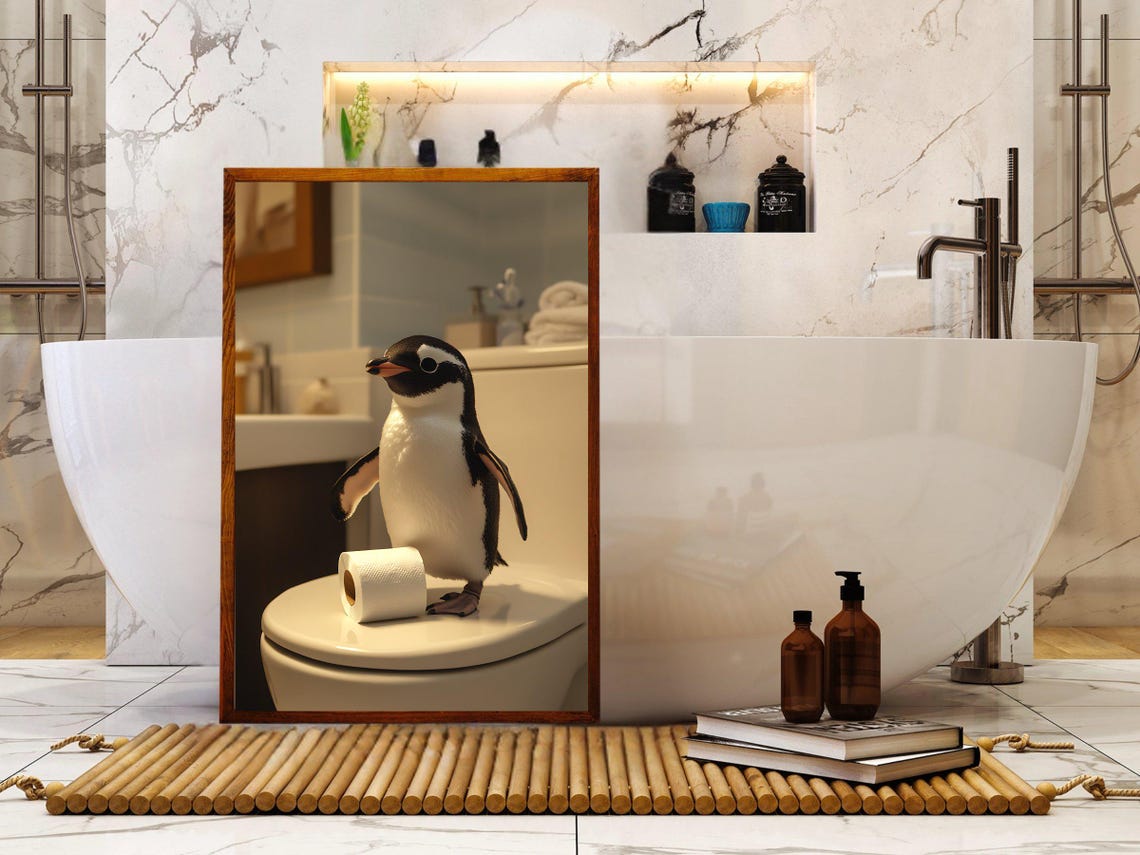 Cute Penguin Standing On Toilet With Toilet Paper Funny Poster - Image 5