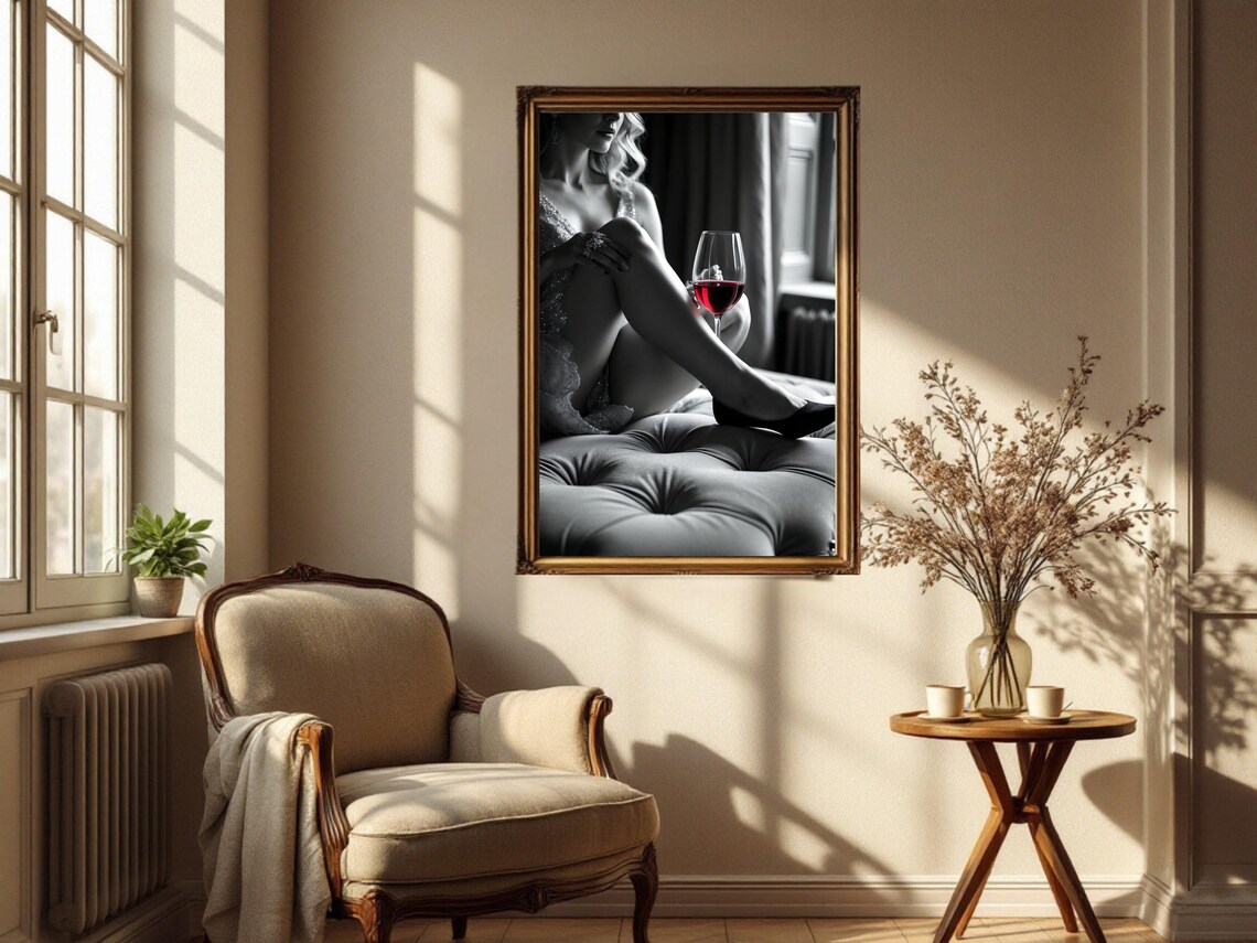 Woman in Lace Holding a Glass of Red Wine in Monochrome Poster - Image 2