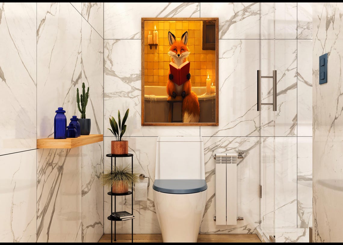 Red Fox Reading Red Book In Candlelit Bathtub Animal Art Poster - Image 2