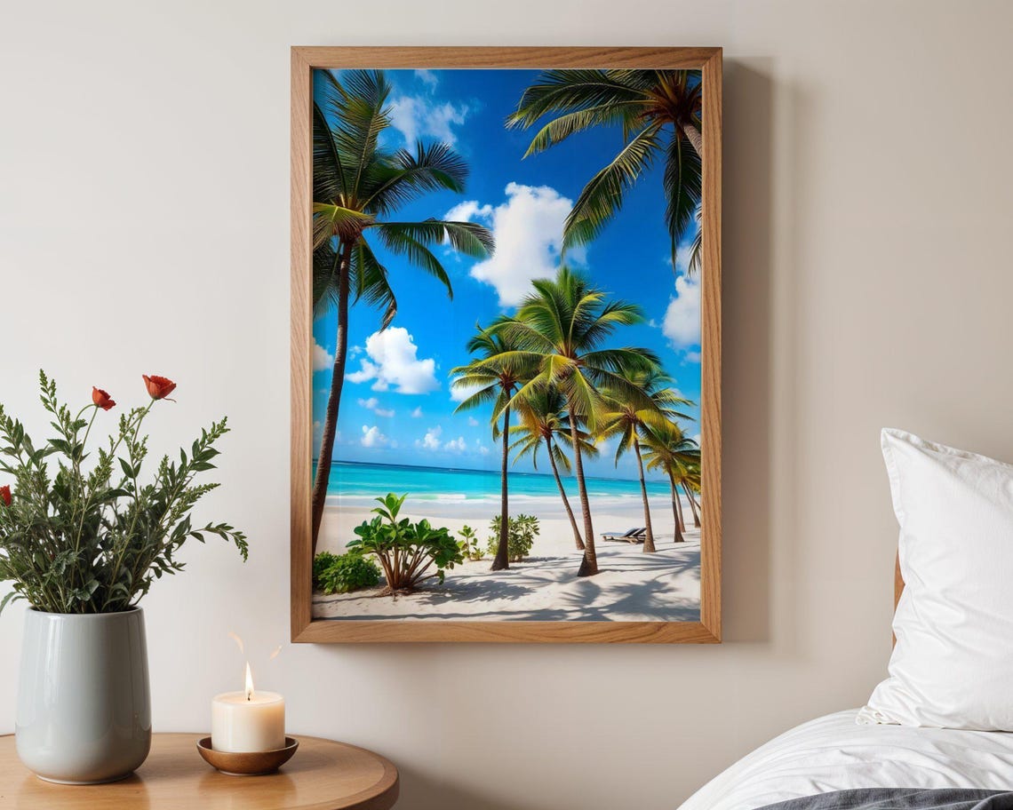 Tall Palm Trees on Pristine Tropical Beach with Turquoise Sea Poster