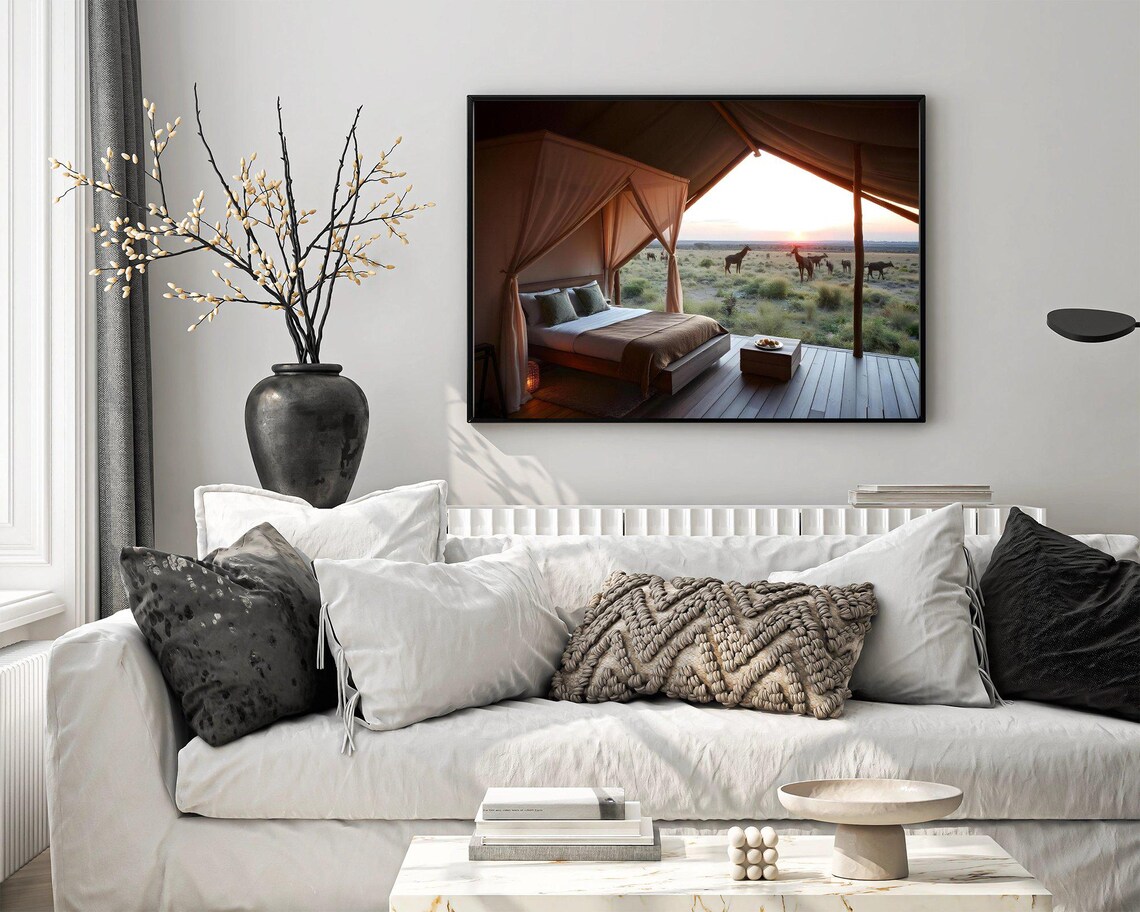 Safari Tent Bedroom Overlooking Giraffes on the Savanna at Sunset Poster - Image 4