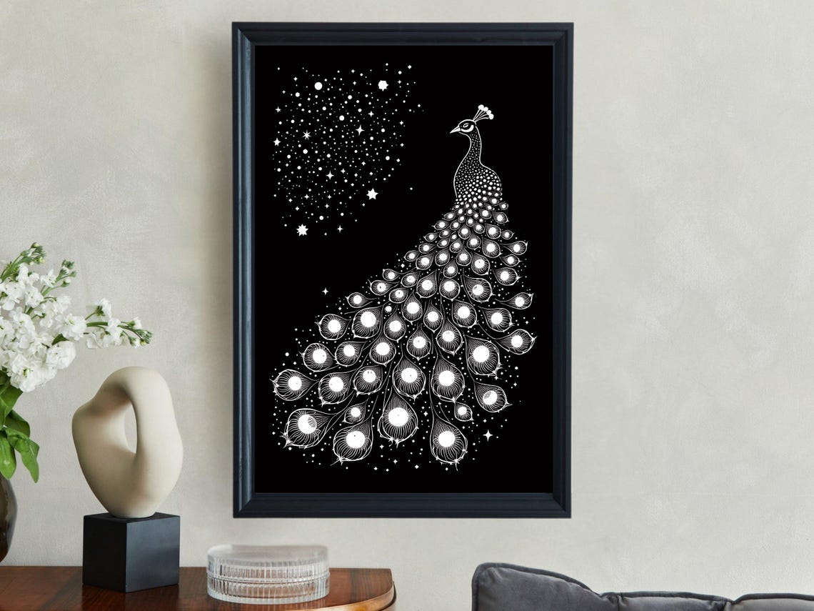 White Line Art Peacock With Starry Tail On Black Elegant Bird Poster