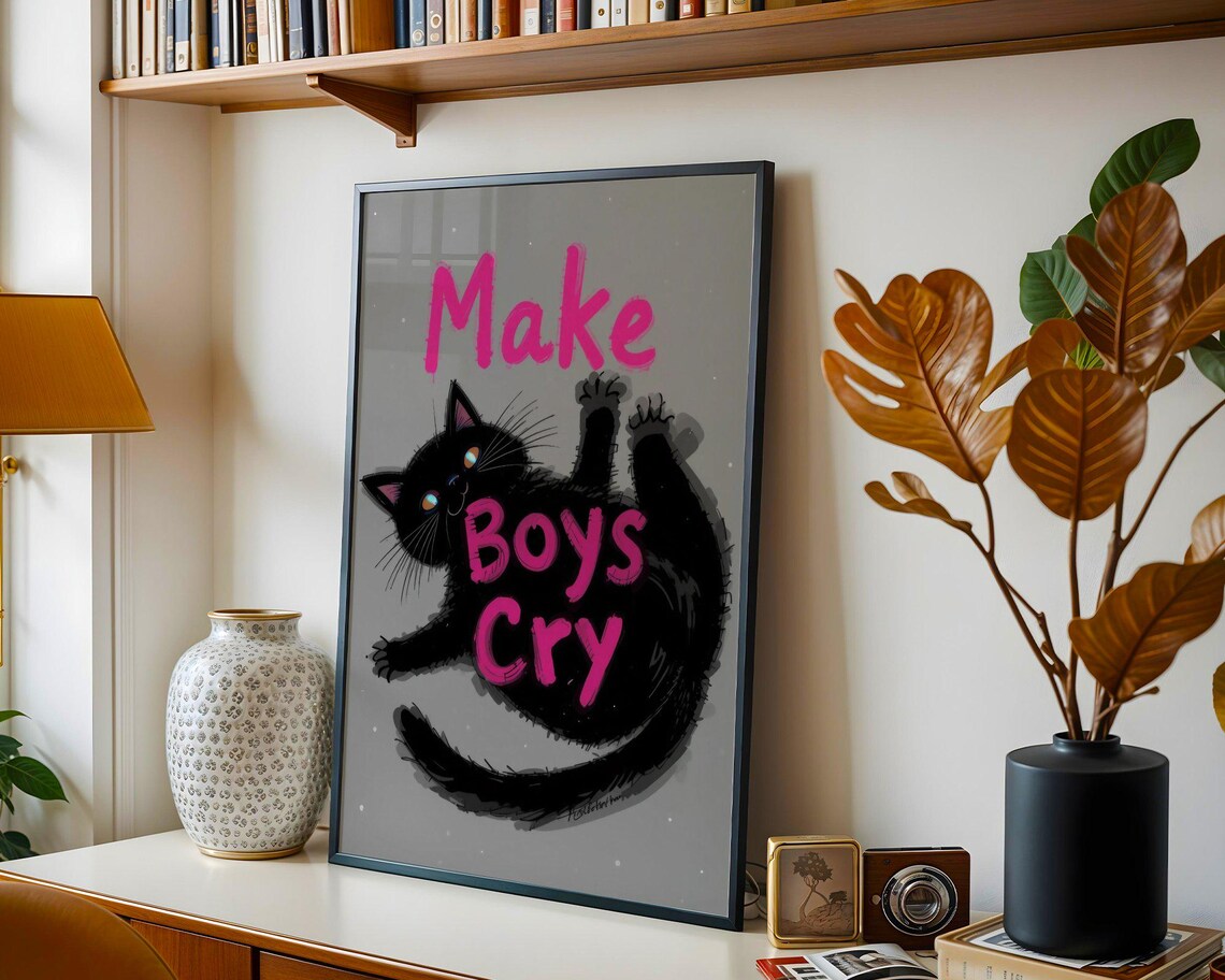 Make Boys Cry Black Cat Pink Typography Funny Feminist Quote Animal Poster - Image 3