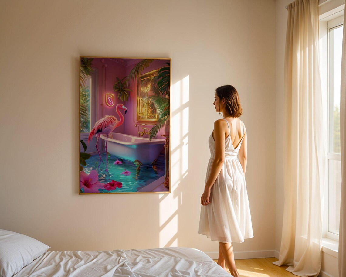 Pink Flamingo By A Clawfoot Bathtub In A Tropical Pink Bathroom Poster - Image 3