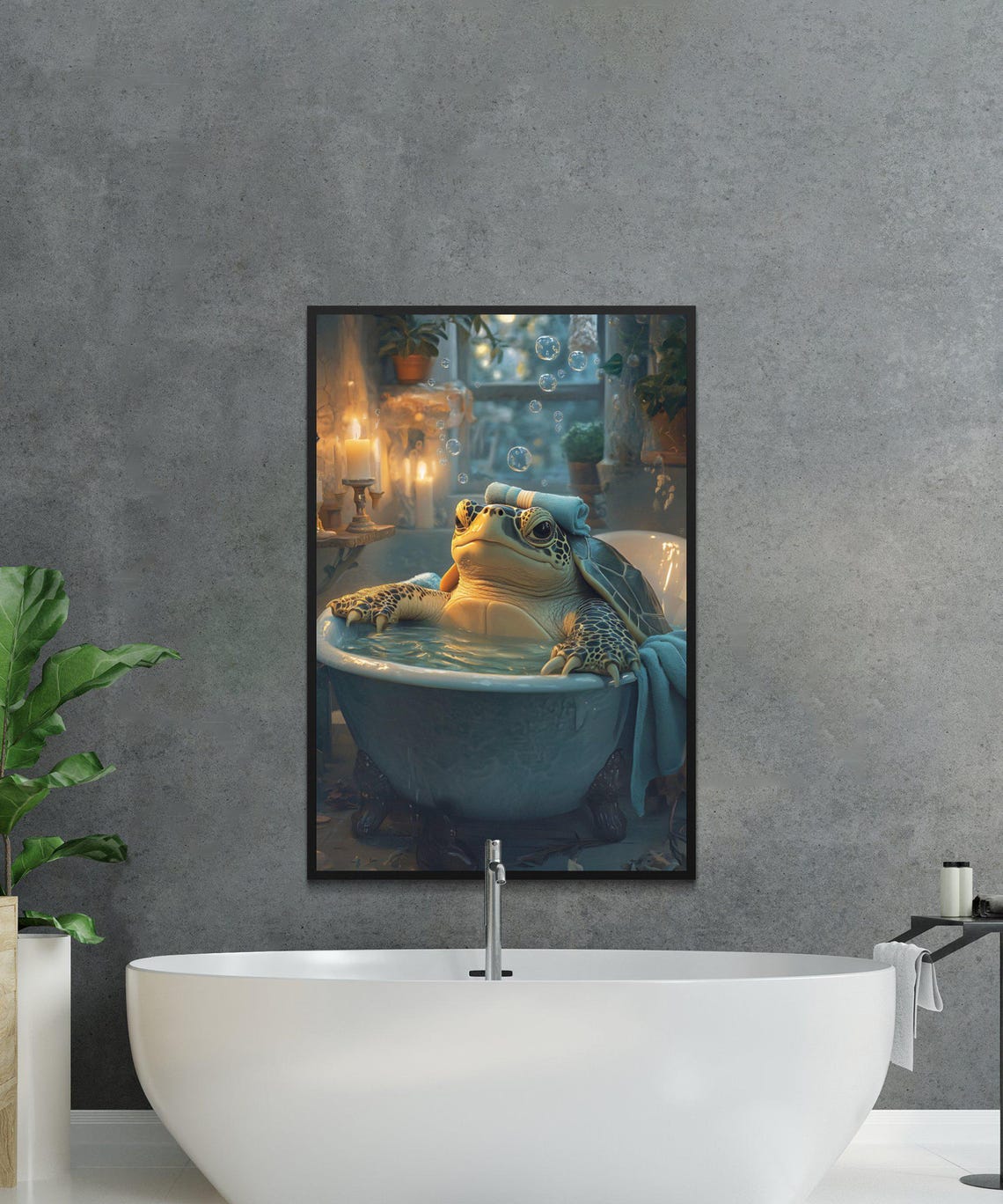 Relaxing Sea Turtle Soaking in a Candlelit Vintage Bathtub Poster - Image 2