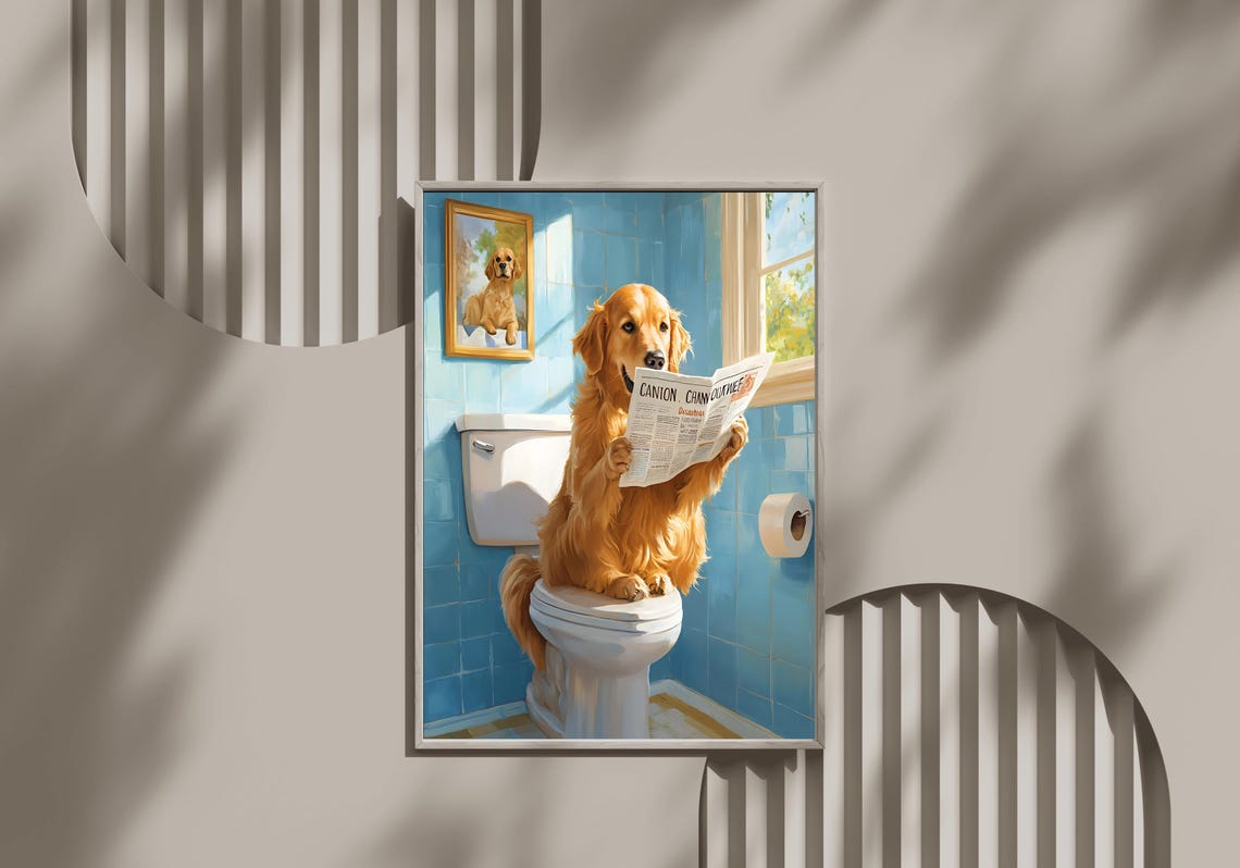 Golden Retriever Reading On Toilet With Framed Portrait Blue Poster