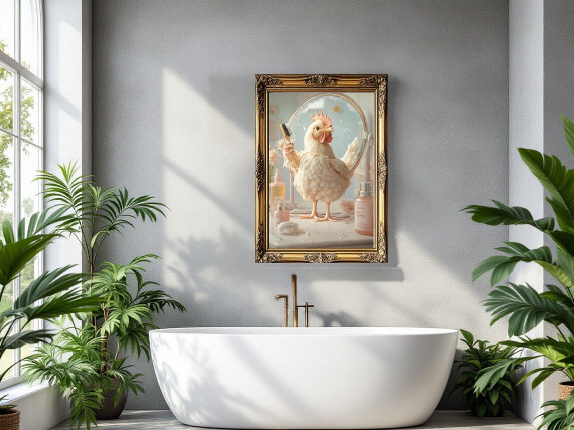 Charming White Hen Doing Her Beauty Routine at the Vanity Poster - Image 3