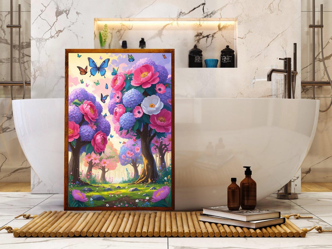 Enchanted Garden Wall Art Fairy Tale Forest Print Colorful Flower Trees Painting Whimsical Nature Decor Magical Butterfly Artwork - Image 5