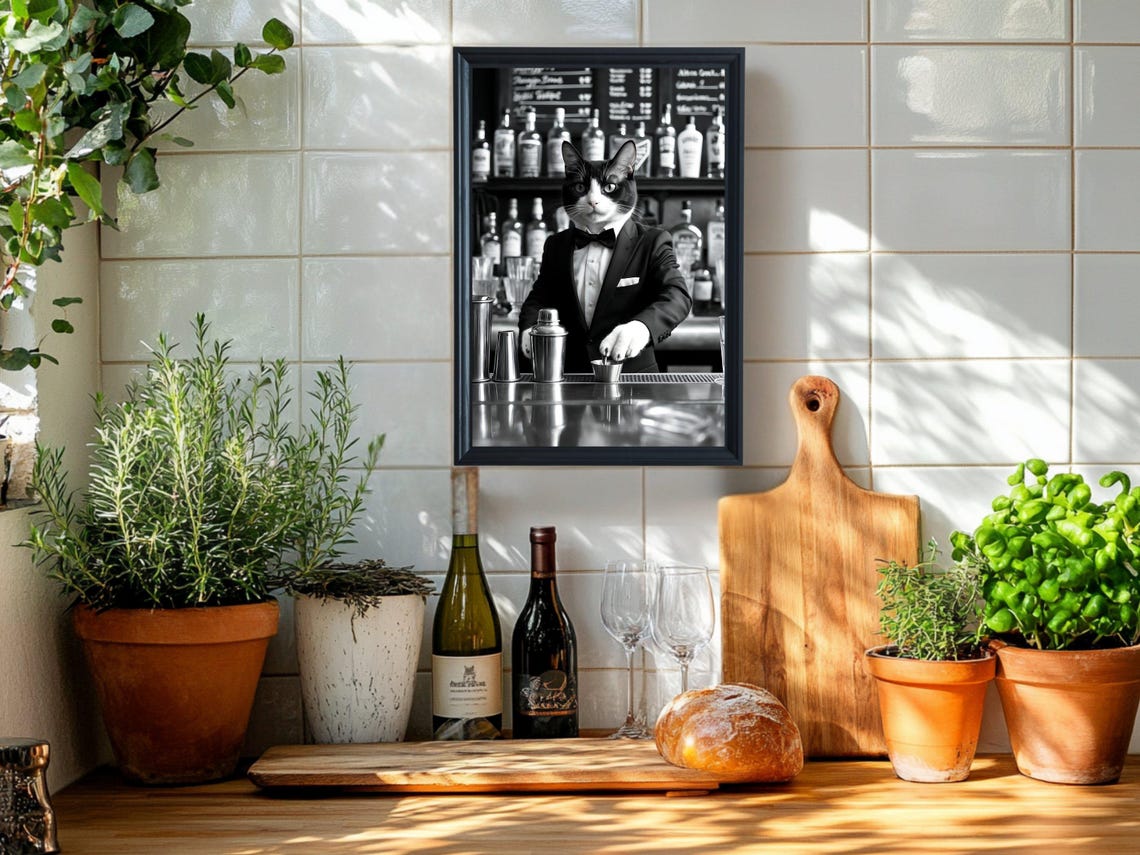 Cat Bartender in a Tuxedo Mixing Drinks Funny Animal Kitchen Poster - Image 2