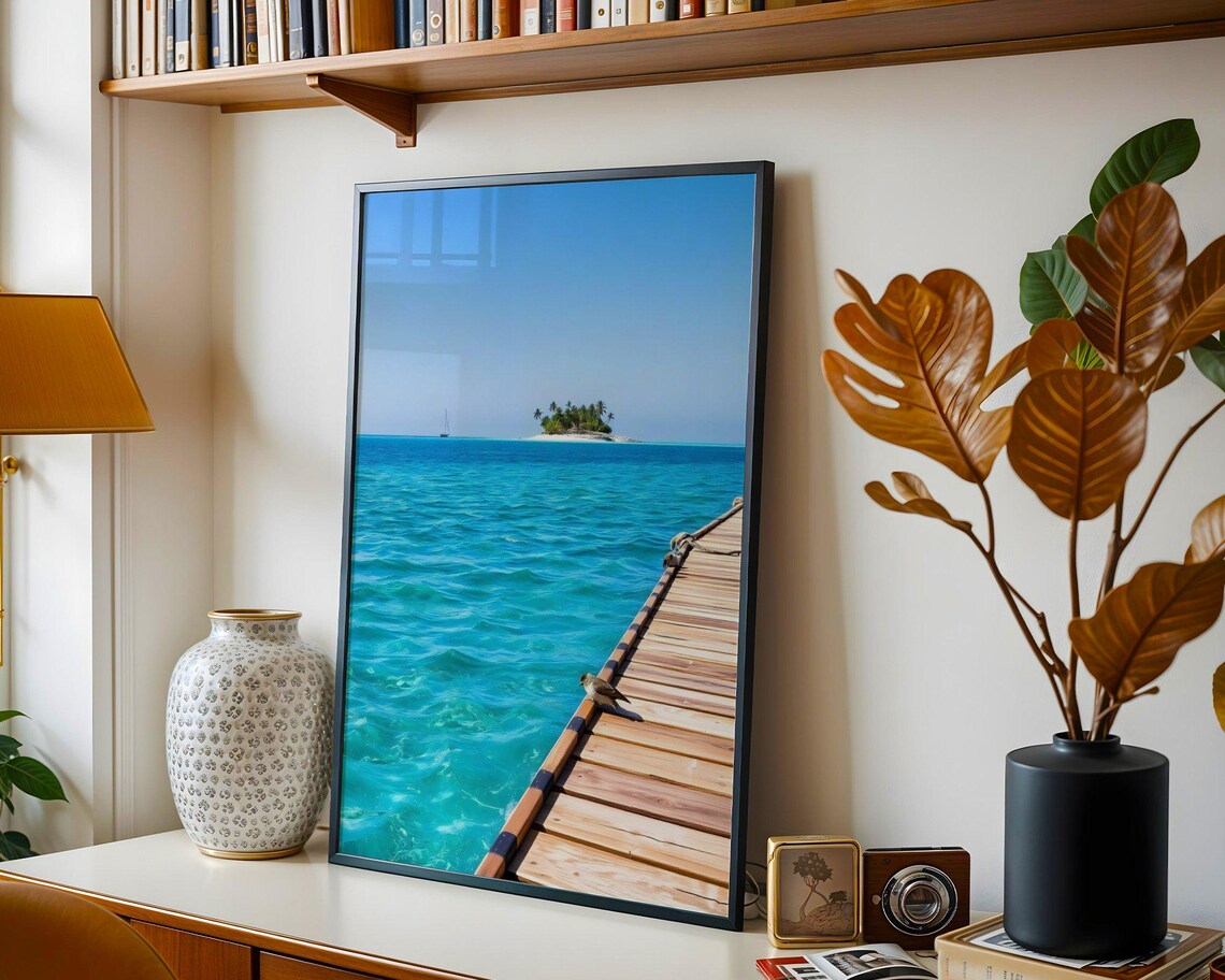 Wooden Pier Walkway Leading to Tropical Island with Sailboat Poster - Image 3