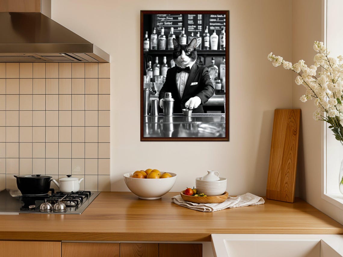 Cat Bartender in a Tuxedo Mixing Drinks Funny Animal Kitchen Poster - Image 4